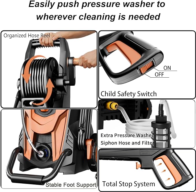 2025New Pressure Power Washer 4500PSI with 4 Quick Connect Nozzles,Inlet Hose & Filter, Foam Cannon for Cars/Fences/Driveways/Patios/Home Cleaning(Red)