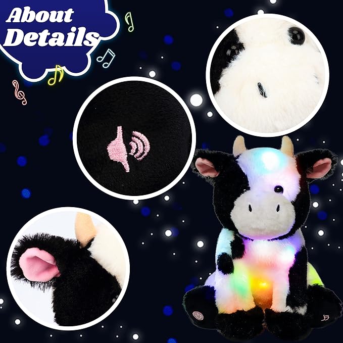 Cuteoy Light-up Singing Plush Cow LED Musical Stuffed Animal Adjustable Volume Lullaby Plushies Birthday Christmas Toy Gifts for Kids Toddler Girls, 13"