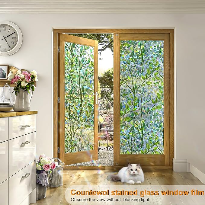Window Privacy Film Stain Glass Window Film Rainbow Window Film Window clings Non-Adhesive Reusable Decorative for Room (Leaf Rainbow, 17.5 x 157.4 in)
