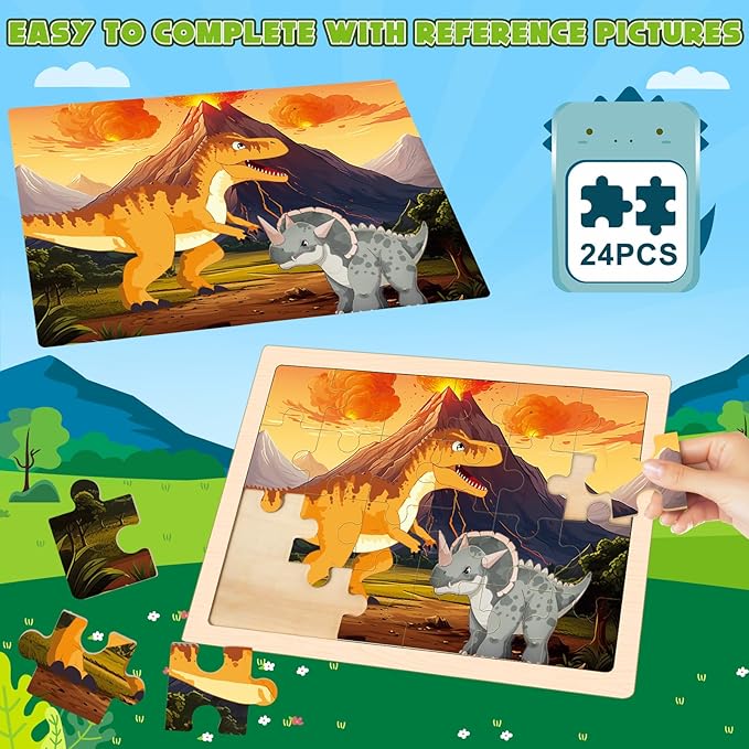 Wooden Dinosaurs Puzzles for Kids Age 3 4 5 Year Old, 4 Pack 24 Pcs Montessori Toddler Jigsaw Puzzles for Girl boy Activities Preschool Learning Educational Birthday Gift Travel Autistic Wooden Toys