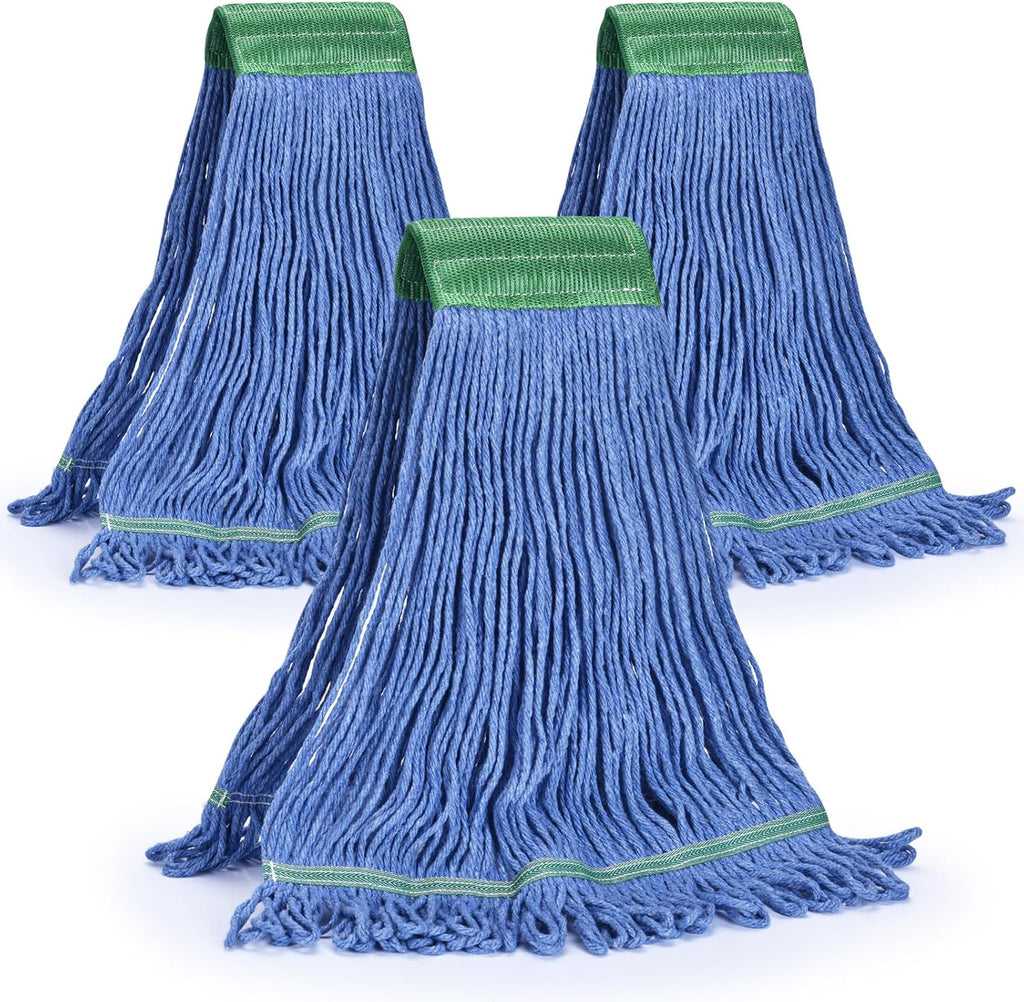 Matthew Cleaning Commercial Mop Head Replacement, 5 Inch Wide Headband, Looped End Cotton Blend String Wet Mops for Floor Cleaning, 28 oz Extra Large, 3-Pack Blue