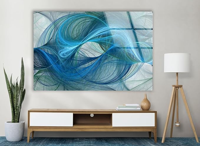 My Photostation.com 43Wx27H'' Blue Energy Abstract Wall Art – Fluid Motion Glass PrintTempered Glass Printing Wall Decor Large Wall Art Wall Hangings