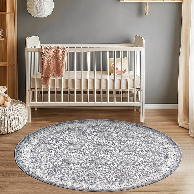jinchan Round Rug 6ft Washable Circle Soft Rug - Low Pile Vintage 6'Round Indoor Grey Floral Print Stain Resistant Boho Carpet Ultra-Thin Non-Slip for Living Room Nursery Bedroom Dining Room Kitchen
