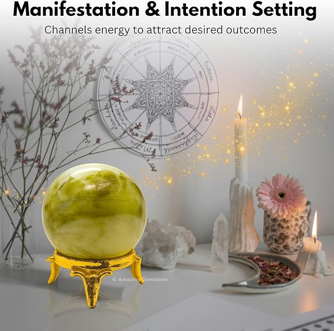 Amazing Gemstone Serpentine Crystal Ball with Stand - 2 Inches Crystal Sphere Meditation Balls for Witchcraft and Decorative Balls