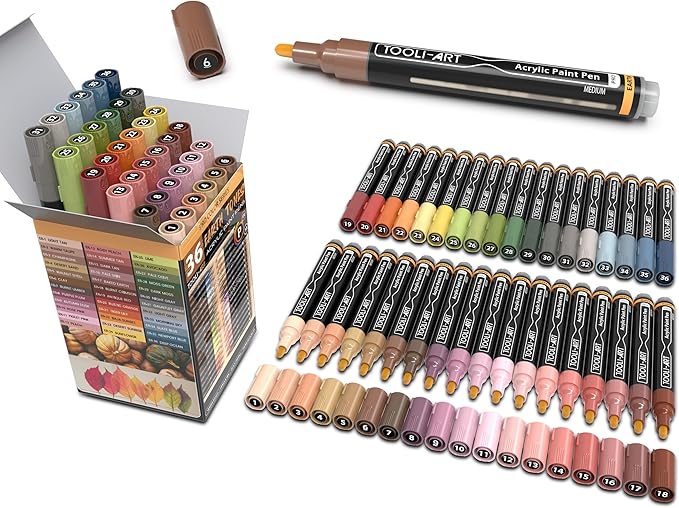 36 Acrylic Paint Pens Skin and Natural Earth Tone Marker Set For Rock Painting, Canvas, Mugs, Glass, Plastic, Wood, Metal, Fabric, Scrapbooking, Most Surfaces. Quick Drying Waterbased (MEDIUM)
