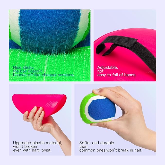 EVERICH Upgraded Toss and Catch Ball Game Set - Indoor and Outdoor Games for Kids 3-12, Beach Sand Pool Water Toy Includes 4 Paddles 4 Sticky Balls, Great Birthday Easter Gifts for Boys Girls