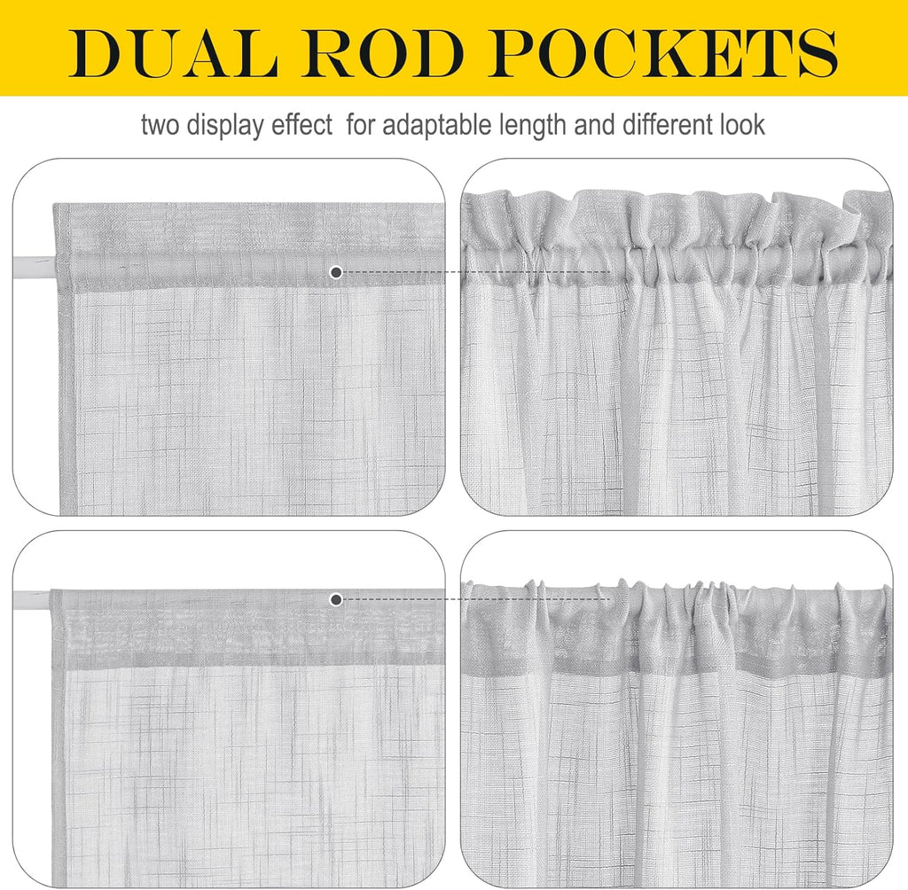 NICETOWN Linen Door Curtains 40 Inches Long, Dual Rod Pocket Semi Sheer Sidelight French Door Curtains for Kitchen Glass with Tieback for Privacy Protection, W26 x L40, 1 Panel, Light Grey