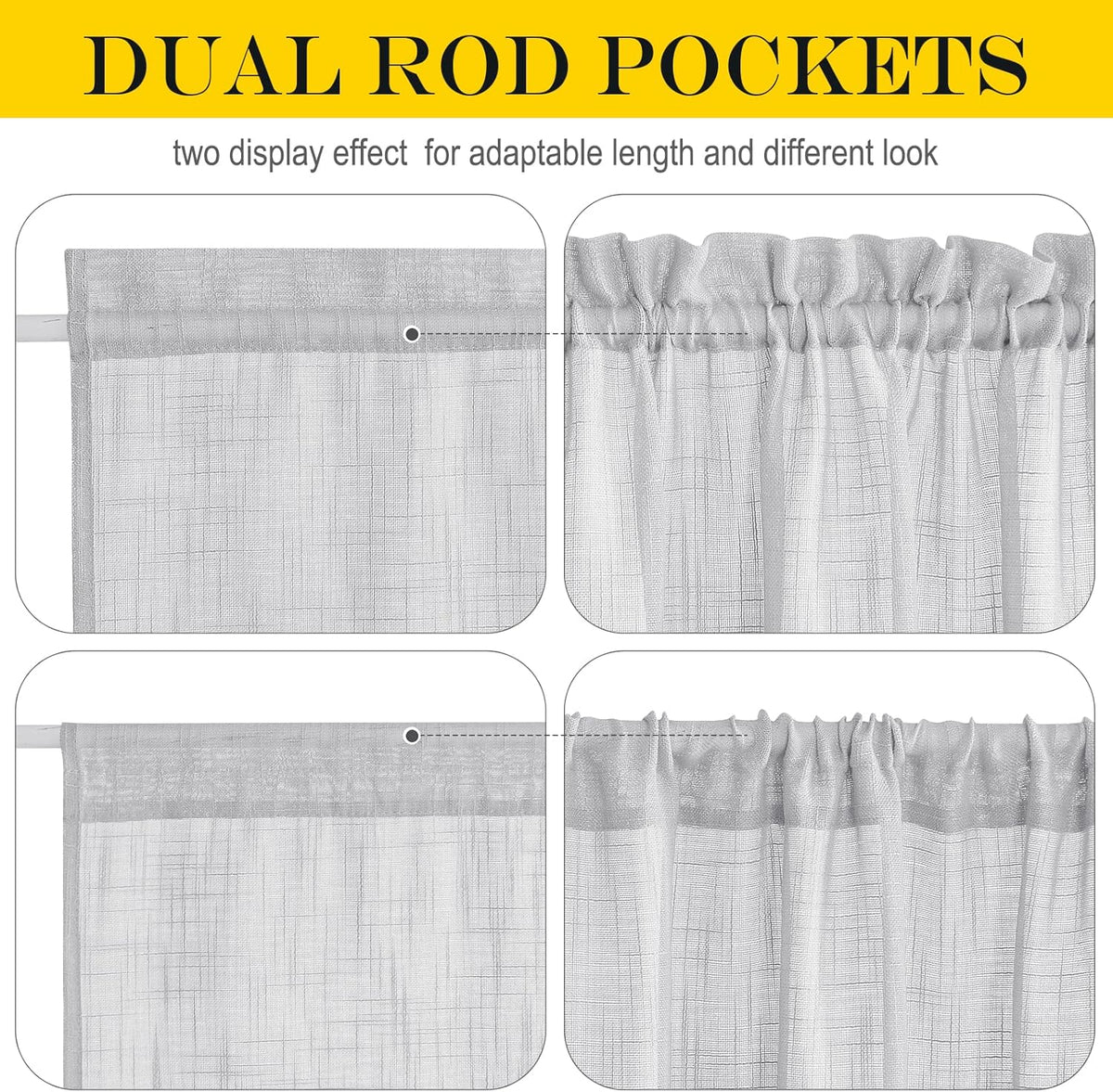 NICETOWN Linen Door Curtains 40 Inches Long, Dual Rod Pocket Semi Sheer Sidelight French Door Curtains for Kitchen Glass with Tieback for Privacy Protection, W26 x L40, 1 Panel, Light Grey