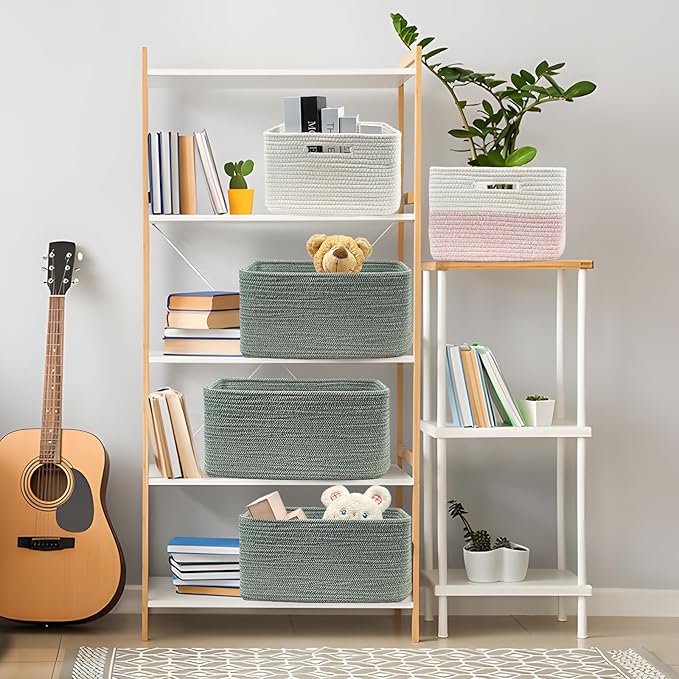 COMFY-HOMI Cotton Rope Woven Basket with Handles for Shelves,Toys,Book, Cloth Storage Baskets for Organizing-17" x 13" x 7.5" Toy Decorative Organizer for Living Room, Bathroom （Green）