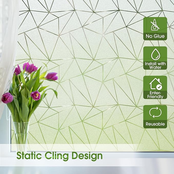 Coavas Window Privacy Film, Frosted Glass Static Cling, Decorative for Bathroom Door Covering, UV Blocking Window Cling, Non-Adhesive Vinyl Sticker, Day and Night Windows Tint for Home, 35.4x393.7 in