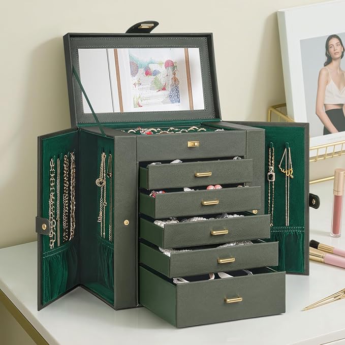 AKOZLIN Huge Jewelry Box Organizer Functional Large Leather Jewelry Storage Case for Women Girls Ring Necklace Earring Bracelet Holder Organizer with Mirror
