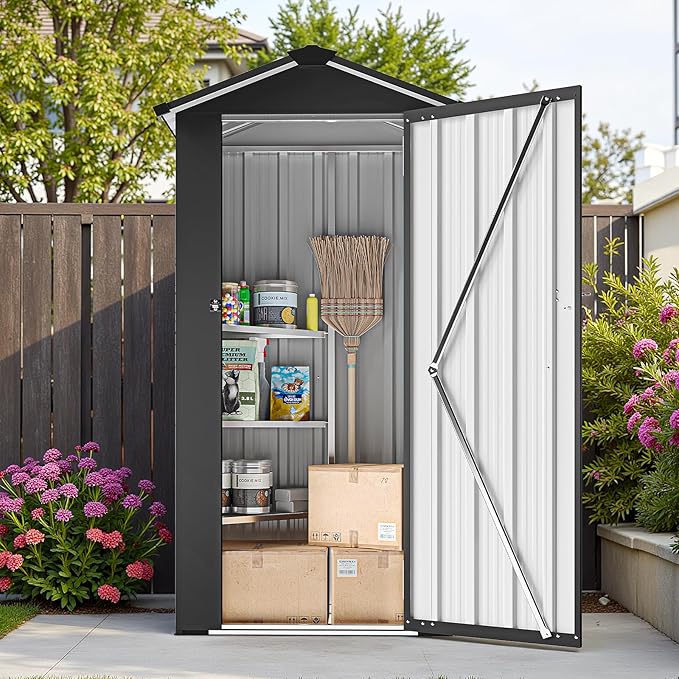 2.5x1.4 FT Heavy-Duty Black Metal Storage Shed–Lockable Small Tool Shed with Adjustable Shelves Garden Sheds & Outdoor Storage, Tool Shed Outdoor Storage in Garden, Backyard, Patio, Poolside