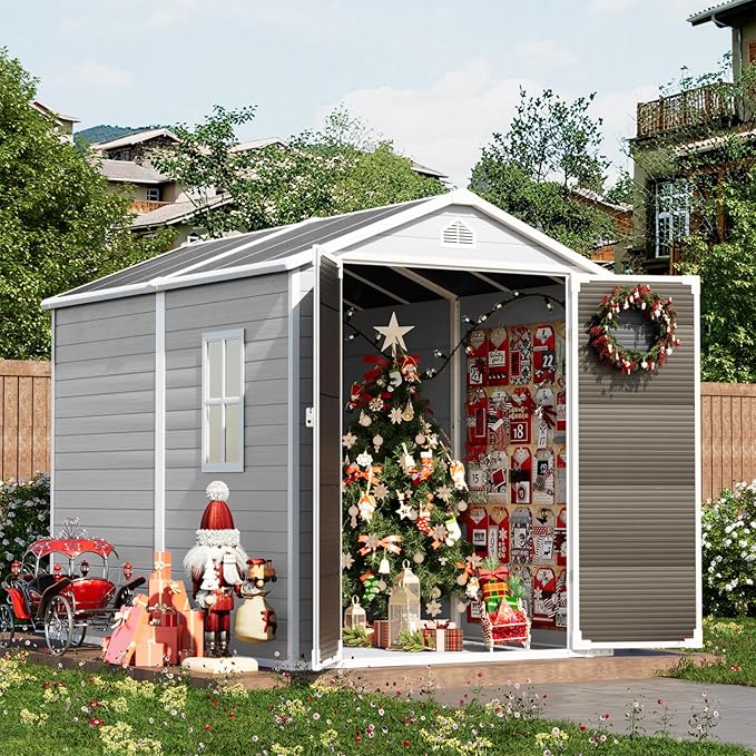8X6 FT Resin Outdoor Storage Shed with Floor,Water Drainge Roof Plastic Sheds with Windows and Lockable Doors,Thickened Panel All-Weather Resistant Tool Storage Shed for Garden Backyard Patio, Grey