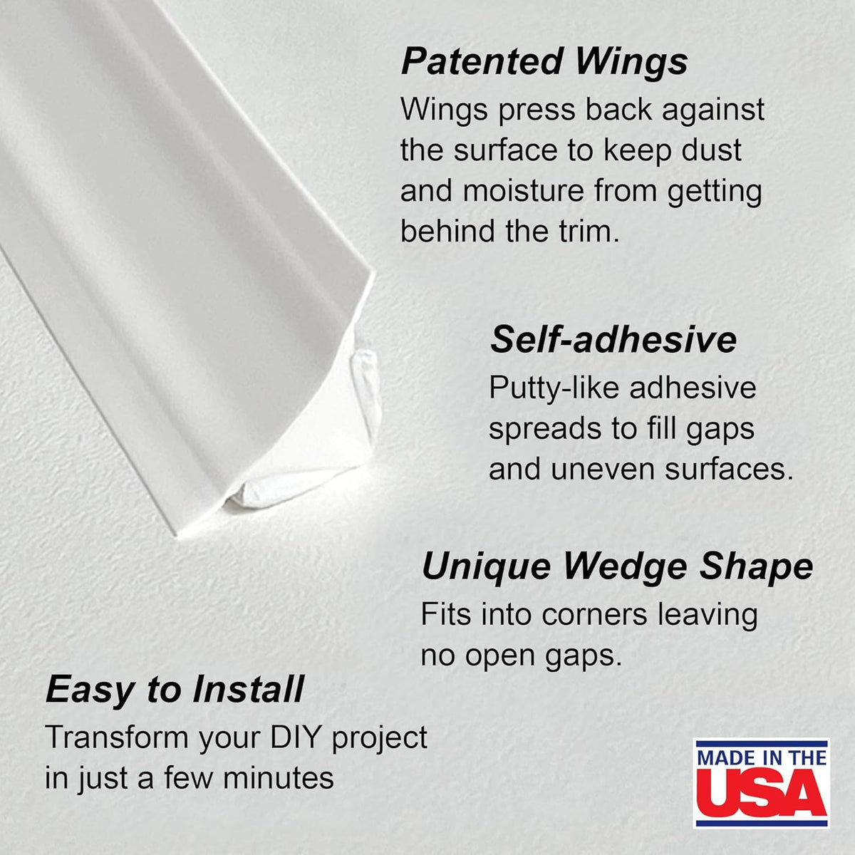InstaTrim The Original Flexible Trim - 50ft White 3/4" Wide Caulk Tape - Adhesive Trim with Many Uses Including Caulking for Bathtubs, Sinks, Counters, Tile, Floors - Made in USA
