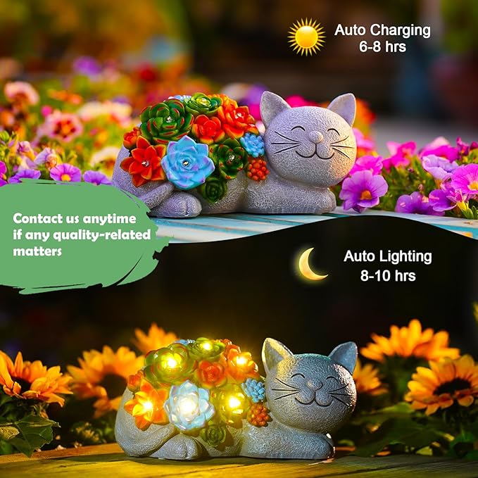 Solar Cat Garden Statue for Outdoor: Outside Sculpture Art Decor Yard Lawn Porch Backyard Ornament- Ideal Gifts for Mom Mother Women
