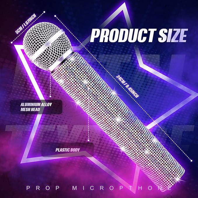 Sanwuta Fake Microphone Prop Sparkly Bling Rhinestones Plastic Play Microphone Pretend Glitter Bedazzled Mic for Cosplay Party Costume(AB Color)