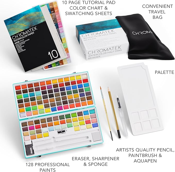 CHROMATEK Watercolor Paint Set – 128 Vibrant Colors for Artists & Beginners with Palette – Includes Metallic, Fluorescent, Pastel & Opaque Shades, Brushes, Pad, Swatch Sheets & Travel Case