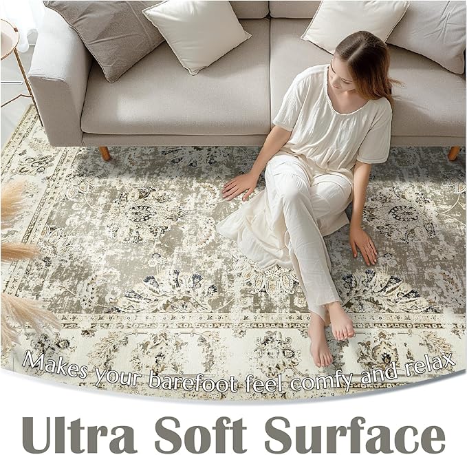 jinchan Hallway Runner Rug 3x10 Washable Runner - Vintage Floral Non Slip Low-Pile Soft Thin Faux Wool Kitchen Rug Distressed Carpet for Farmhouse Bedroom Laundry Room(3x10ft,Taupe)