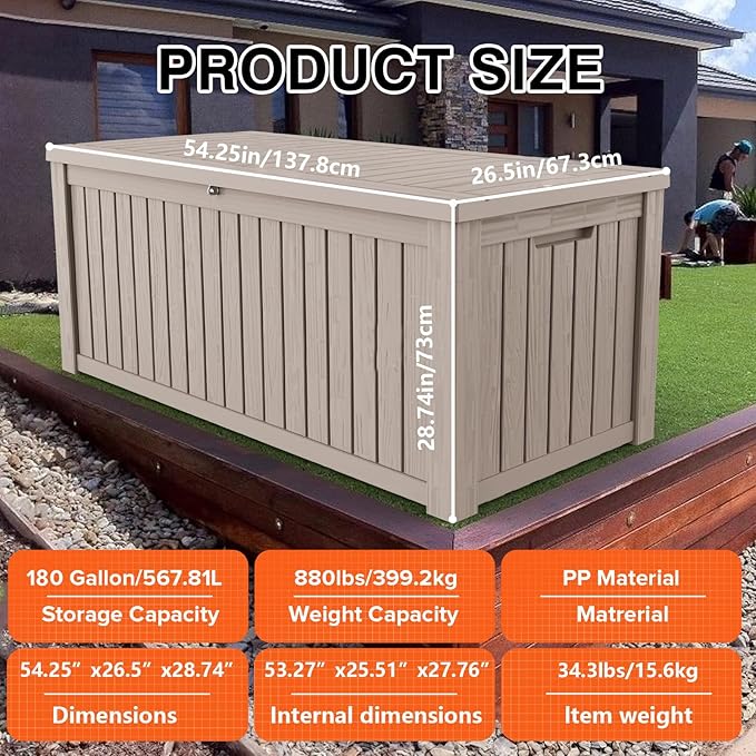 180GAL Brown Versatile Outdoor Deck Box – Waterproof, SGS - Tested UV Protection, Fits Various Storage Needs: Pool Accessories to Gardening Supplies