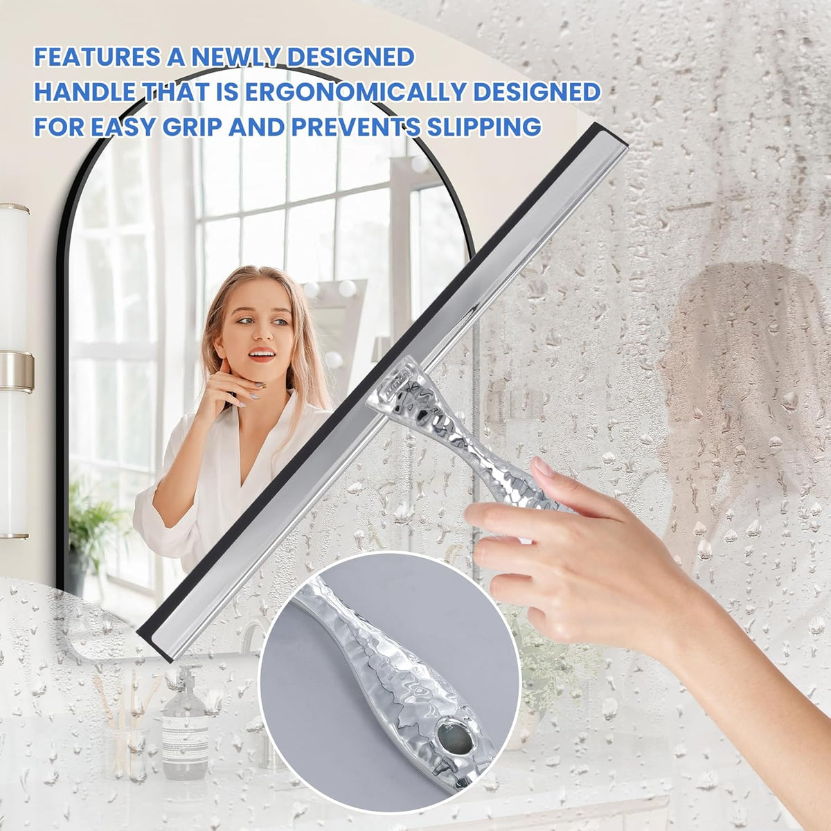 12" Silver Shower Squeegee with Hammered Handle & Waterproof Hook for Glass Doors, Silicone Bathroom Tile Wall and Car Window - Streak-Free Handheld Squeegee