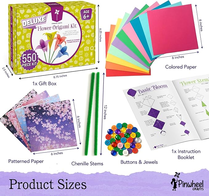 Pinwheel Crafts Origami Papers Kit - Multicolor Flower Origami Kit for Kids,Teens and Adults Ages 6 7 8 9 10 11 12+, Arts and Paper Crafts for Kids 550 Pcs - Fun Foldable Gift