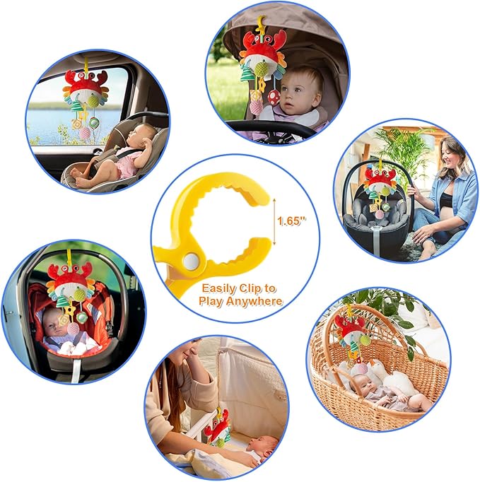 Car Seat Toy for Babies 0-6 Months, Stroller Toy with a Convenient clip, Carseat Toys Hanging Baby Accessories,Built-In Bell, Rattle,Squeaky,Mirror for infant,Babies Gift 0-3-6-12 months Boy Girl
