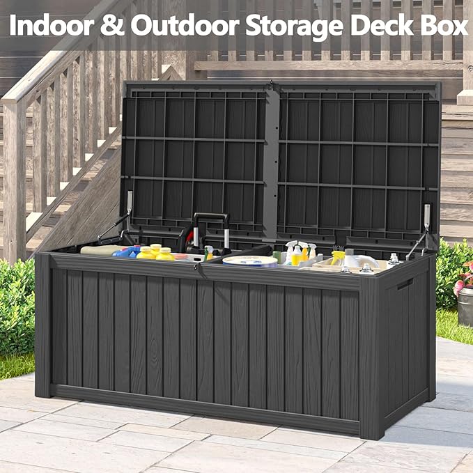 Outdoor Storage Box, 180 Gallon Deck Box, Waterproof and UV Resistant Large Resin Storage Bin, Organization and Storage for Patio Furniture, Outdoor Cushions, Garden Tools, Lockable