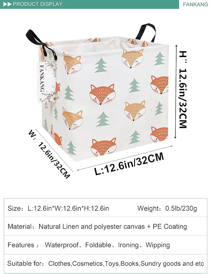 FANKANG Square Nursery Hamper Storage Bins Canvas Laundry Basket Foldable with Waterproof PE Coating Storage Baskets Gift Baskets for Children, Office, Bedroom, Clothes（Square-Fox）