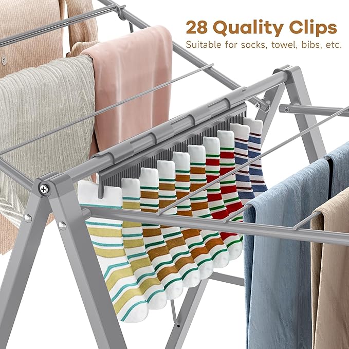 APEXCHASER Drying Rack Clothing, Clothes Drying Rack Foldable, Metal Laundry Drying Rack Collapsible for Sweater Towel Indoor & Outdoor, Height Adjustable Gullwing Clothes Airer, Grey