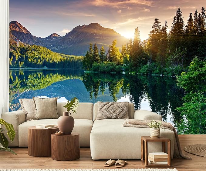 Natural Landscape Wallpaper Green Forest Lake Mountain Large Mural Wall Decor for Bedroom Living Room TV Background Home Decorations(Not Self-Adhesive)
