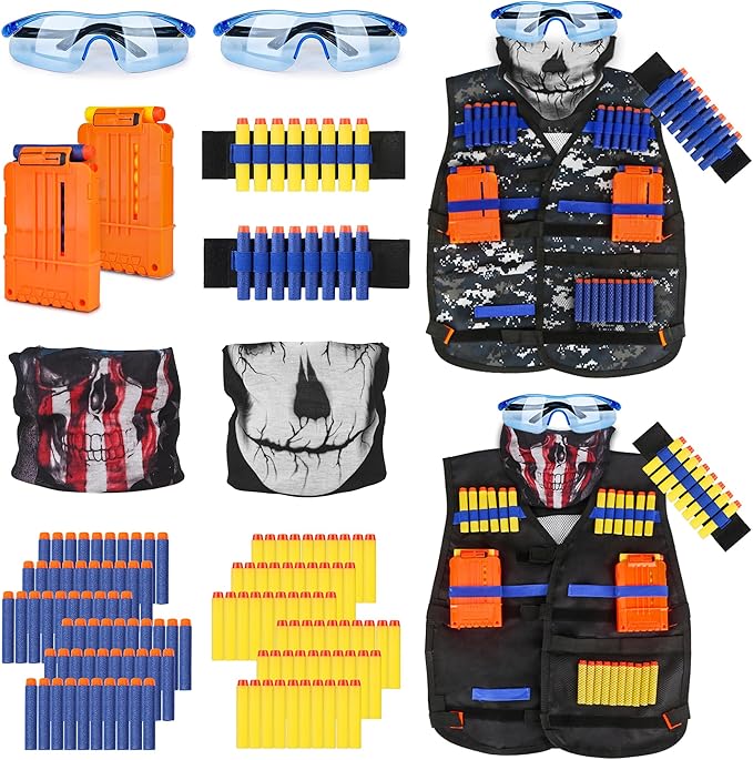 Kids Tactical Vest Kit for Nerf Guns Series with Refill Darts,Dart Pouch, Reload Clips, Tactical Mask, Wrist Band and Protective Glasses,Nerf Vest Toys for 4 5 6 7 8 9 10 11 12 Year Boys(2 Pack)