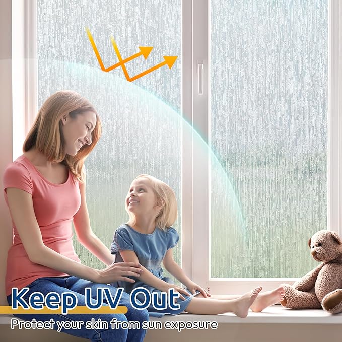 rabbitgoo Window Privacy Film Frosted Glass Clings, Decorative Sun UV Blocking Static Cling Window Covering, Removable Frosting Sticker for Home, Rain Silk, 23.6 x 157.4 Inches