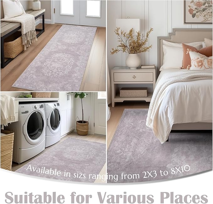 jinchan Vintage Floral Runner Rug 2x5 - Machine Washable Distressed Design Non-Slip Low-Pile Soft Thin Carpet for Hallway Kitchen Farmhouse Bedroom Entryway Laundry Room (2x5ft,Orchid)