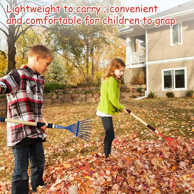 2 Pack Kids Rakes for Leaves, 28" Small Metal Toddler Rakes Garden Lawn Rake with Hardwood Handle and Soft Grip, Lightweight Child Size Yard Leaf Rake Kid Gardening Tools Set for Boys and Girls