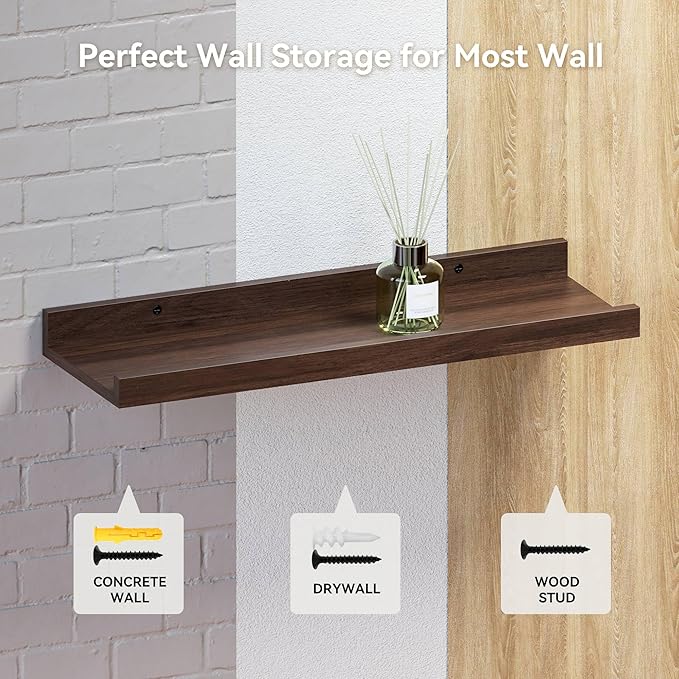 47.2 Inches Long Floating Shelves, 2 Set Farmhouse Wall Shelf for Bedroom, Nursery Book Shelf with Lip, Picture Ledge Shelf for Living Room, Bathroom, Kitchen - Walnut