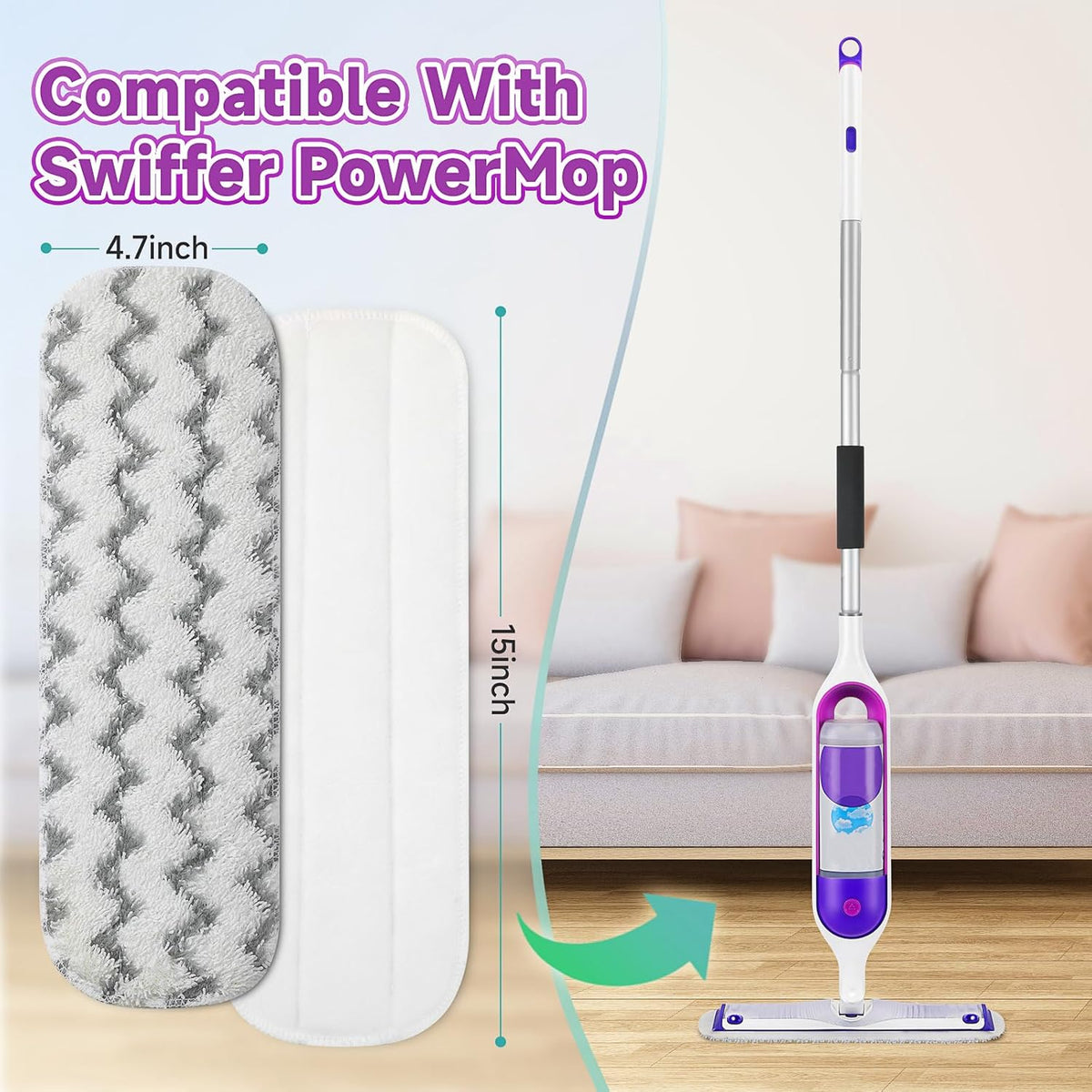 8 Pack Reusable Mop Replacement Pads Compatible for Swiffer PowerMop Spray Mop, Dry Wet Mopping Cloths for 13-15in Mop, Floor Cleaner Mop Pads for Swiffer (Not with Mop)