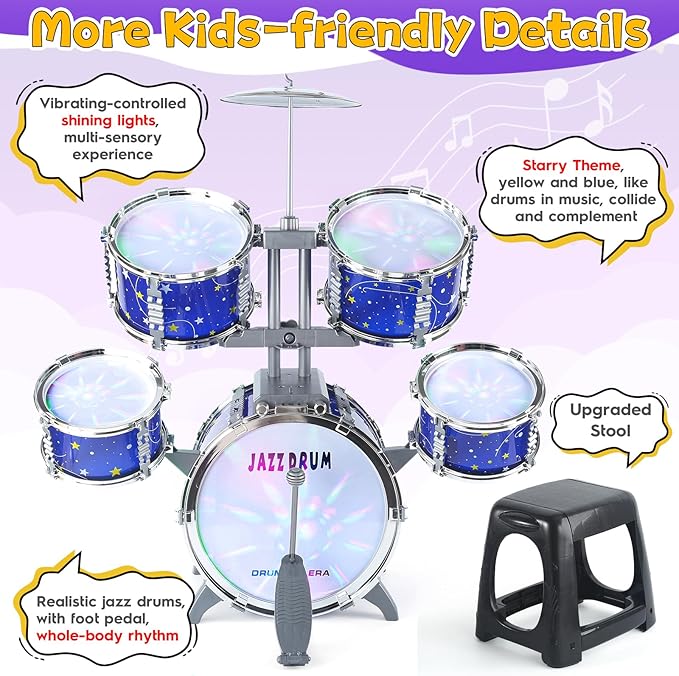 Upgraded Kids Drum Set for Toddlers 1-3, Kids Jazz Drum Ages 3-5, Star Light up Musical Instrument Toys for Boys Girls 2-5 4-6 5-7 ( All Plastic)