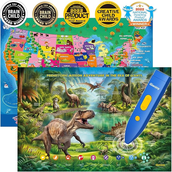 Bilingual Interactive for Kids Talking USA Map Dinosaur Poster for Kids Learning and Educational Toys,Talking Educational Dinosaur Toy for Ages 3 to 12 Years Old,Learning Chart for Preschool/Gift