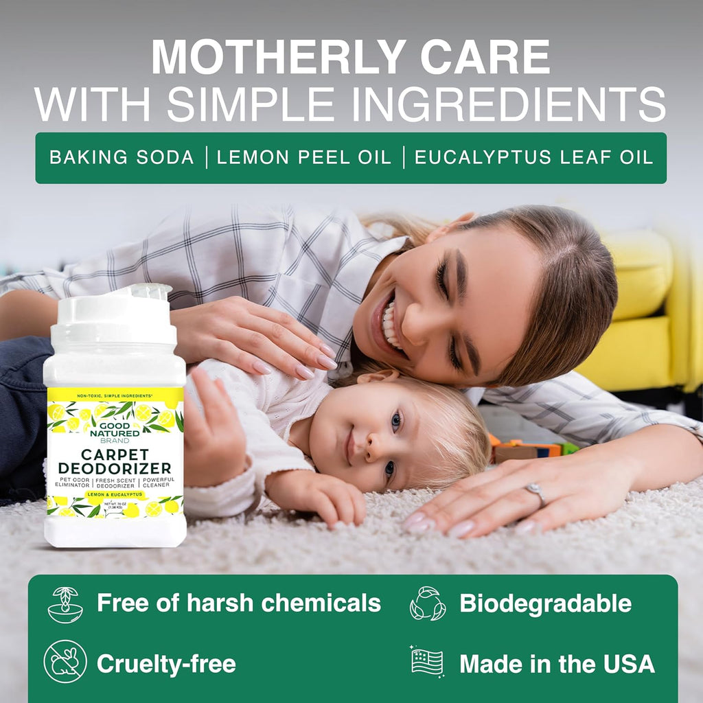 Good Natured Brand | Carpet Deodorizer & Freshener Powder | 70 oz Pet Odor Eliminator for Strong Odor & Pet Urine | Fresh Natural Lemon & Eucalyptus Scent | Safe for Homes with Pets