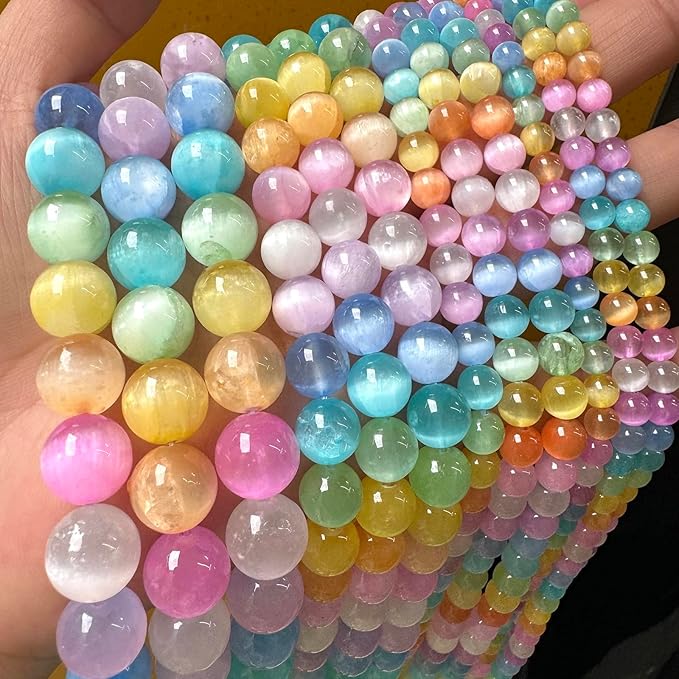 36PCS 10MM Natural Stone Colorful Selenite Gypsum Beads Round Loose Beads for Jewelry Making DIY Bracelet Necklace Accessories 15" Energy Healing Power Stone Beads