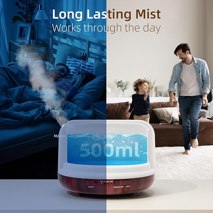 ASAKUKI Essential Oil Diffuser for Home, 500ml Aromatherapy Fragrant Oil Humidifier Vaporizer, 7-Color Light and Auto-Off Safety Switch Reddish-Brown