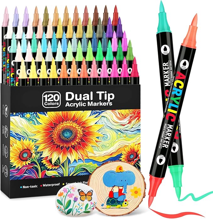 120 Colors Acrylic Paint Markers, Dual-Color Acrylic Paint Pens with 60 Brush Tips for Fabric Rock Wood Glass Paper DIY for Painting, Quick Drying, School Art Supplies for Adults Kids Drawing