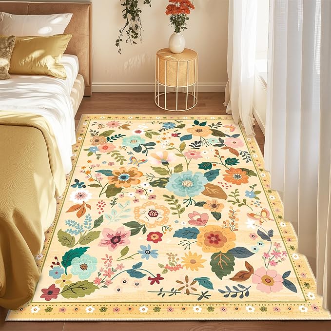 Floral 4x6 Area Rug Machine Washable Soft Print Boho Carpet Non Slip Doormat Low Pile Flower Area Rugs for Living Room Bedroom Nursery Kitchen Dining Room Indoor-Ivory/Yellow