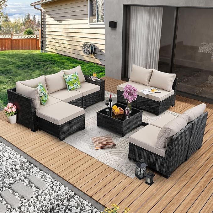 9 Pieces Patio Furniture Set All-Weather Outdoor Wicker Sectional Conversation Sofa Rattan Patio Seating Sofa with Cushion and Glass Table and Ottoman for Porch Poolside,Beige