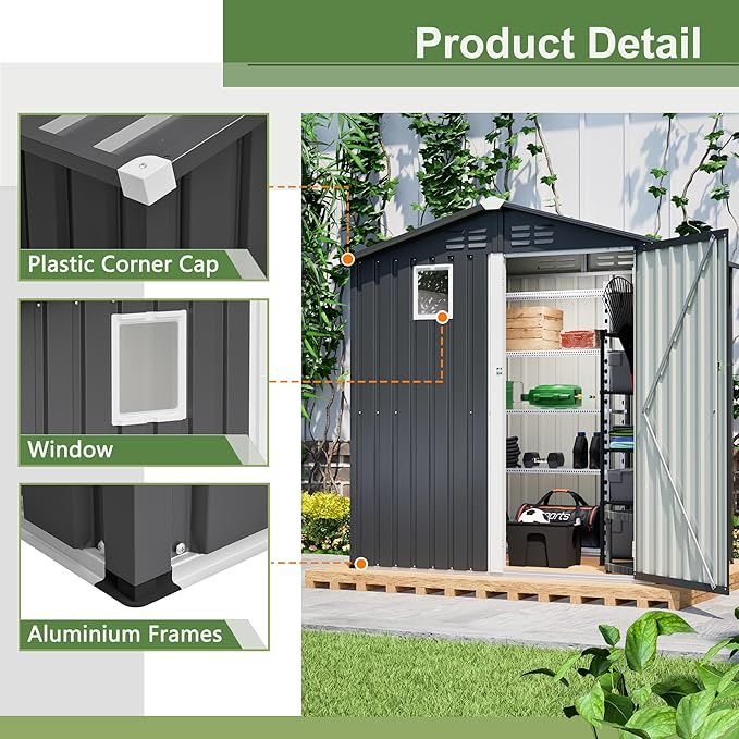 6x4 FT Outdoor Storage Shed with Windows Metal Garden Sheds with Lockable Doors Waterproof Galvanized Small Tool Storage Steel Sheds with Air Vents Sloping Roof Ideal for Backyard Patio Lawn Gray