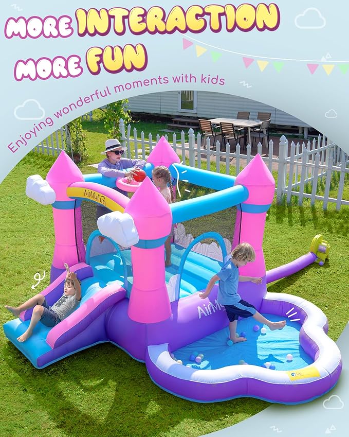 AirMyFun Pink Indoor/Outdoor Inflatable Bounce House for Kids 3-8 - Bouncy Castle with Slide, Blower, Water Pool & Ball Pit