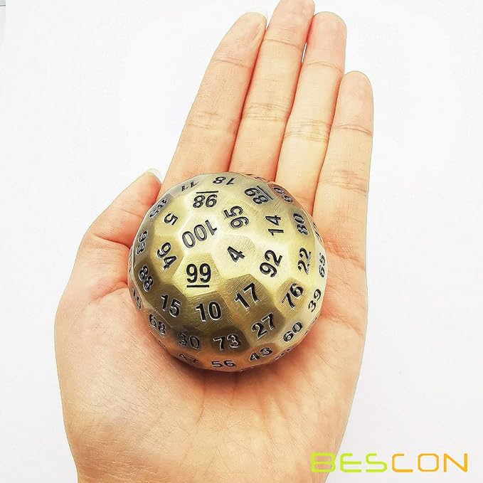 Bescon Solid Metal 100 Sided Dice, Game Dice D100, Giant Polyhedral Metal 100 Sides Dice 50MM in Diameter (1.97in), Ancient Brass