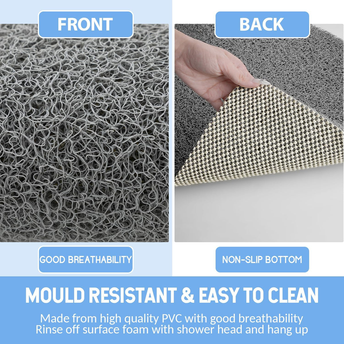 Non-Slip Bathtub Mat, Anti Slip Shower Mat, Fast Drying Bathtub Mats, Foot Scrubber Mat, Anti Slip Mat for Tub, Floor, Bathroom, Kitchen, Home, Hotel (Grey 36"×24")