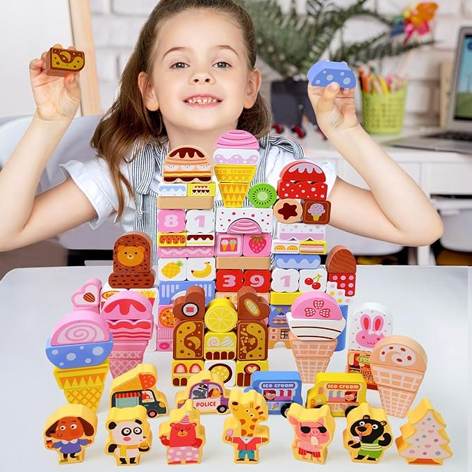 Vileafy Wooden Ice Cream Toy for 3 Year Old Birthday Gift– 116PCS Montessori Building Blocks for Toddlers – Pink Pretend Play Set & Stacking Toys for Girls Quiet Time & Family Play