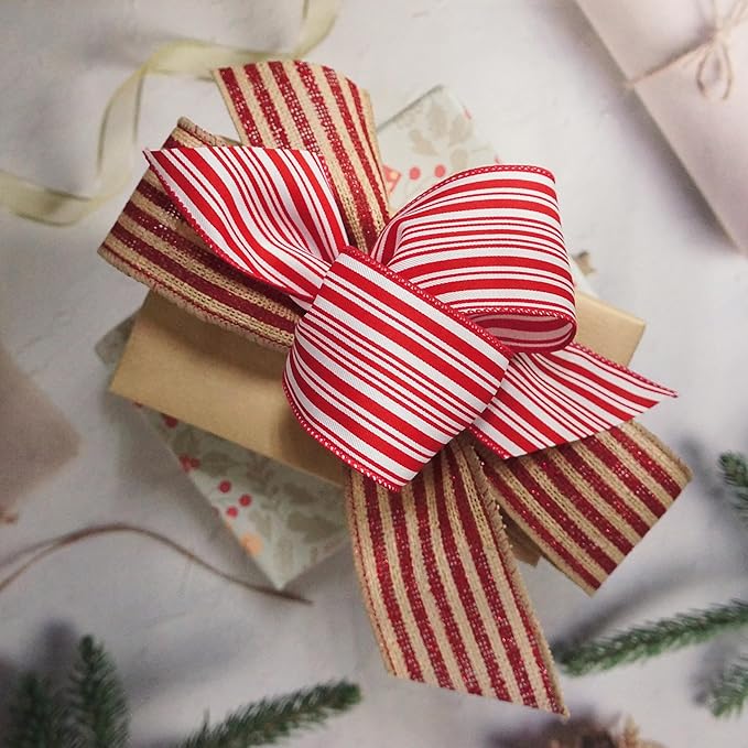 CT CRAFT LLC Red and White Stripe Wired Ribbon – 2.5" Wide x 10 Yards Long Decorative Fabric Ribbon for Crafts, Gift Wrapping, and Holiday Décor